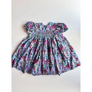 Vintage Girl's Floral Cotton Poplin Smocked Puff Sleeve Bishop Dress, Size 2T